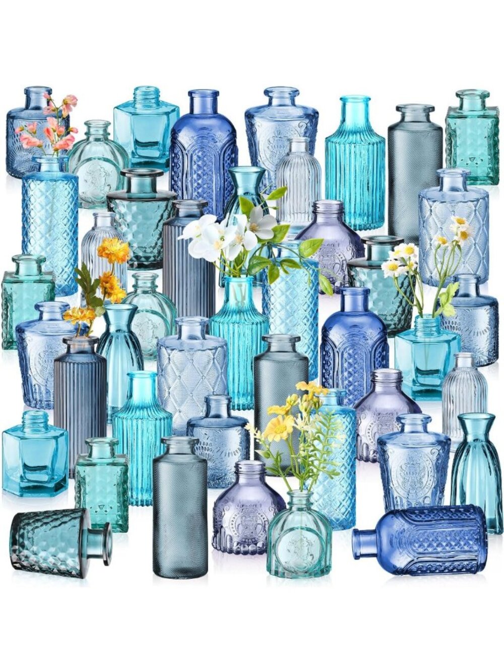 60 Pcs Vintage Colored Glass Vases - Rustic Embossed Bud Bottles for Home Decor
